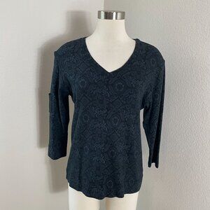 Fresh Produce Womens Large Floral V‎ Neck Shirt 3/4 Pocket Sleeve Top